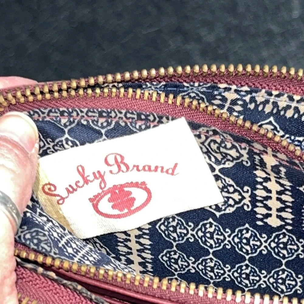 Lucky Brand Embroidered Leather Wristlet Pouch Women OS Burgundy Good Boho